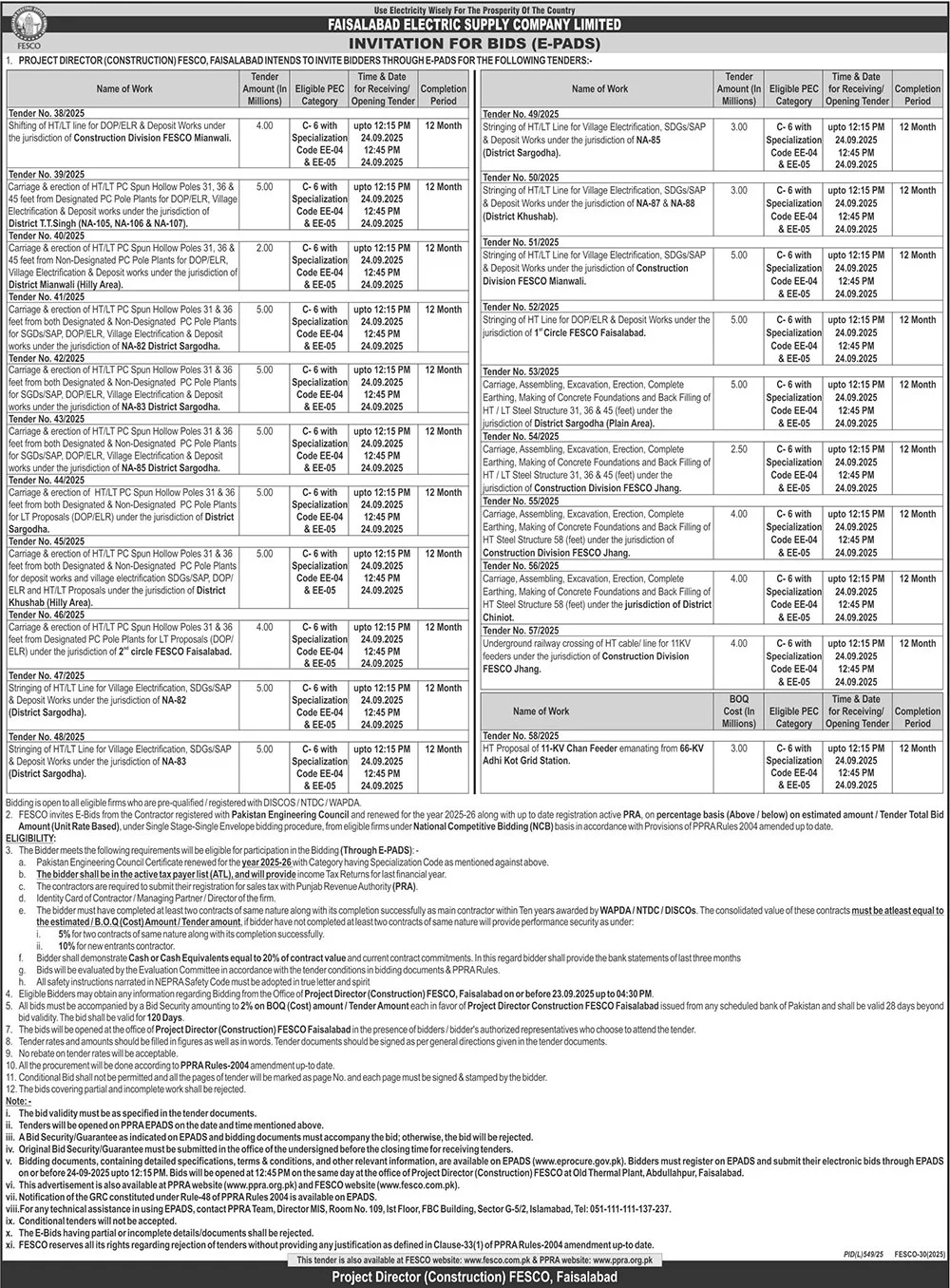 Faisalabad Electric Supply Company Limited Tender Notice